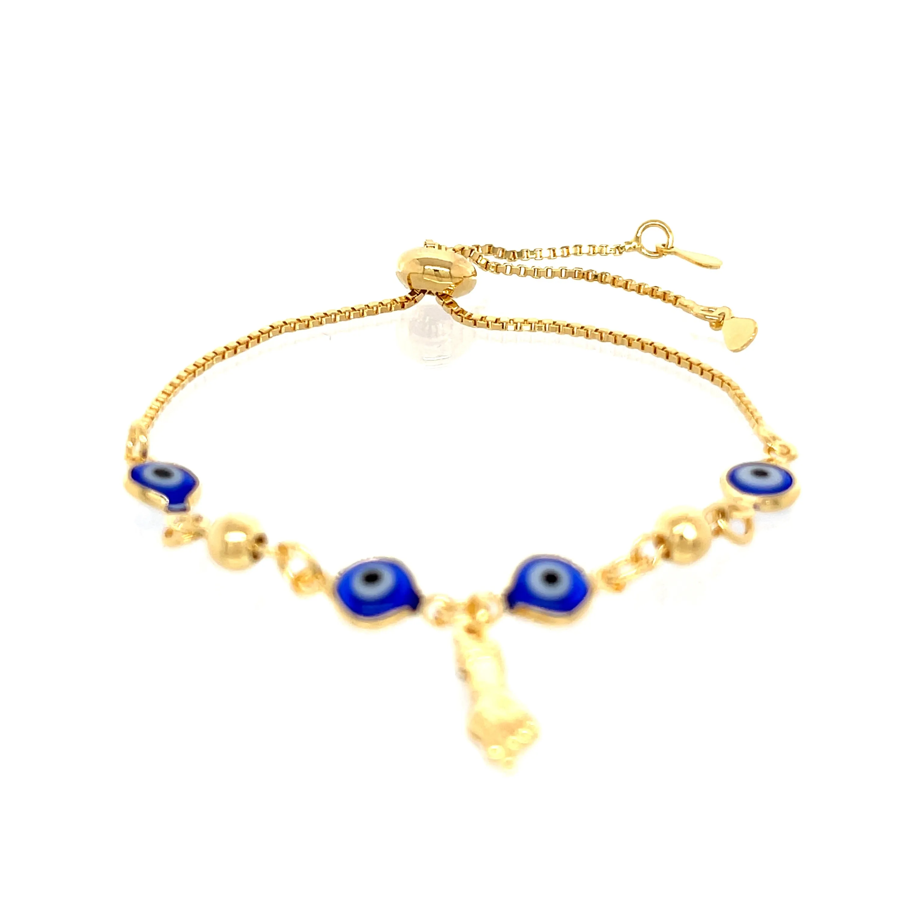 Blue Evil Eye and Figa Hand Charm Bracelet Adjustable Box Chain Link
