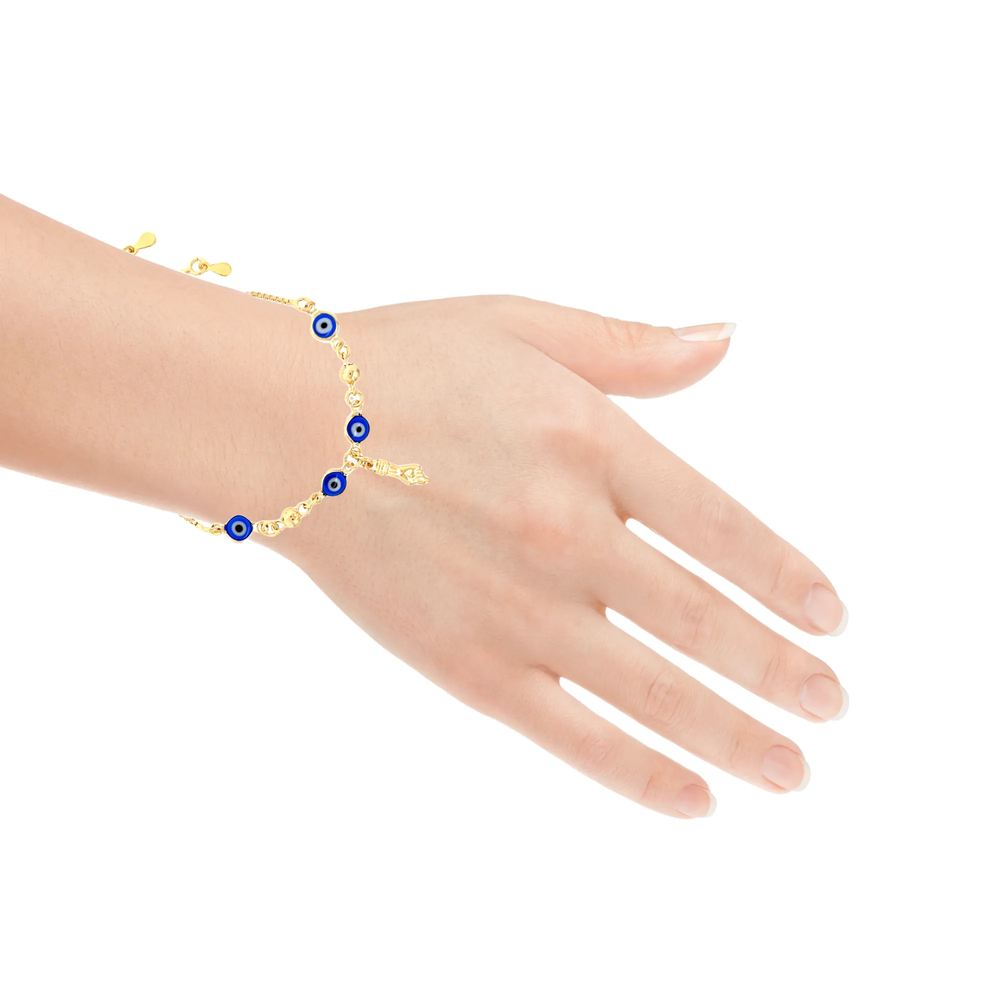 Blue Evil Eye and Figa Hand Charm Bracelet Adjustable Box Chain Link