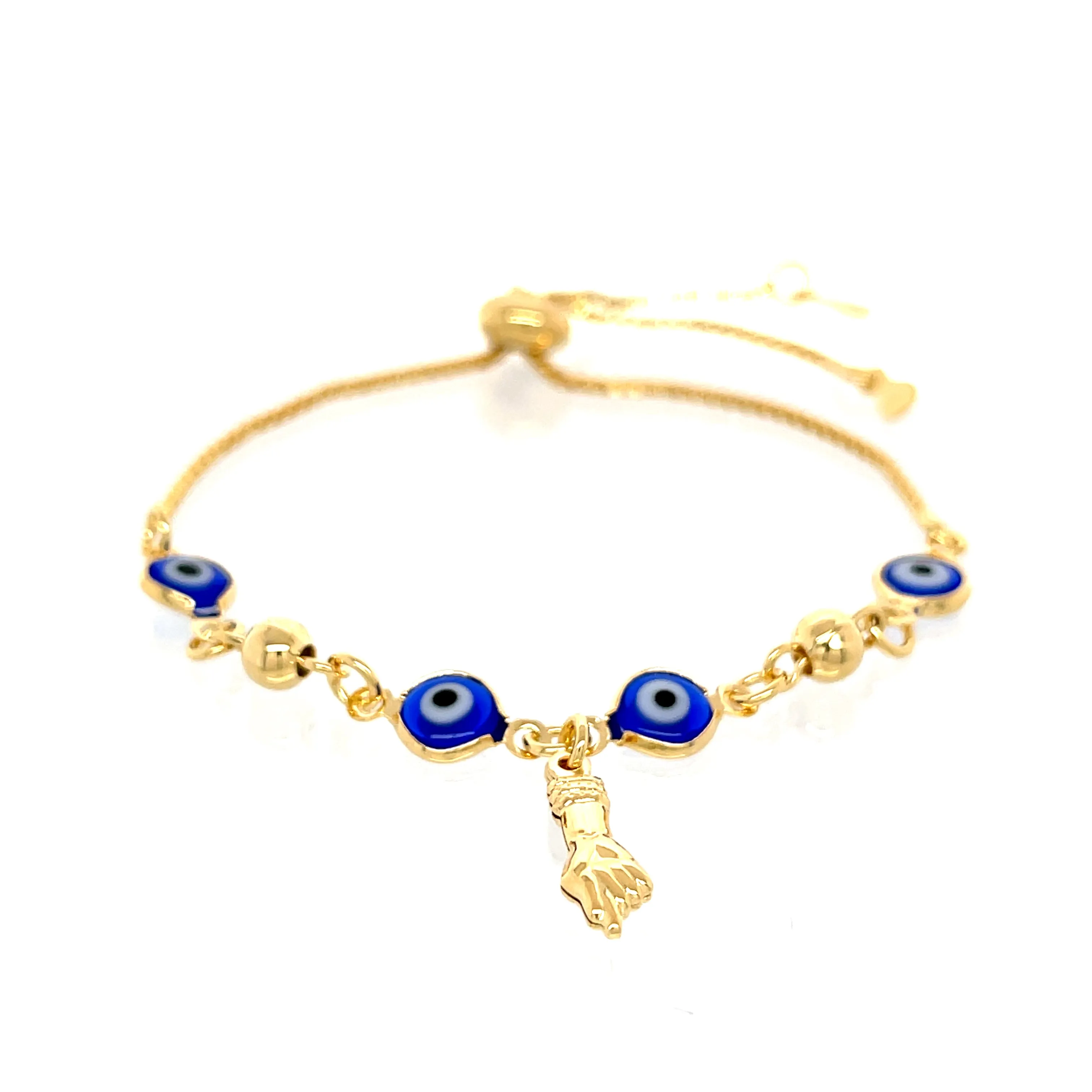 Blue Evil Eye and Figa Hand Charm Bracelet Adjustable Box Chain Link