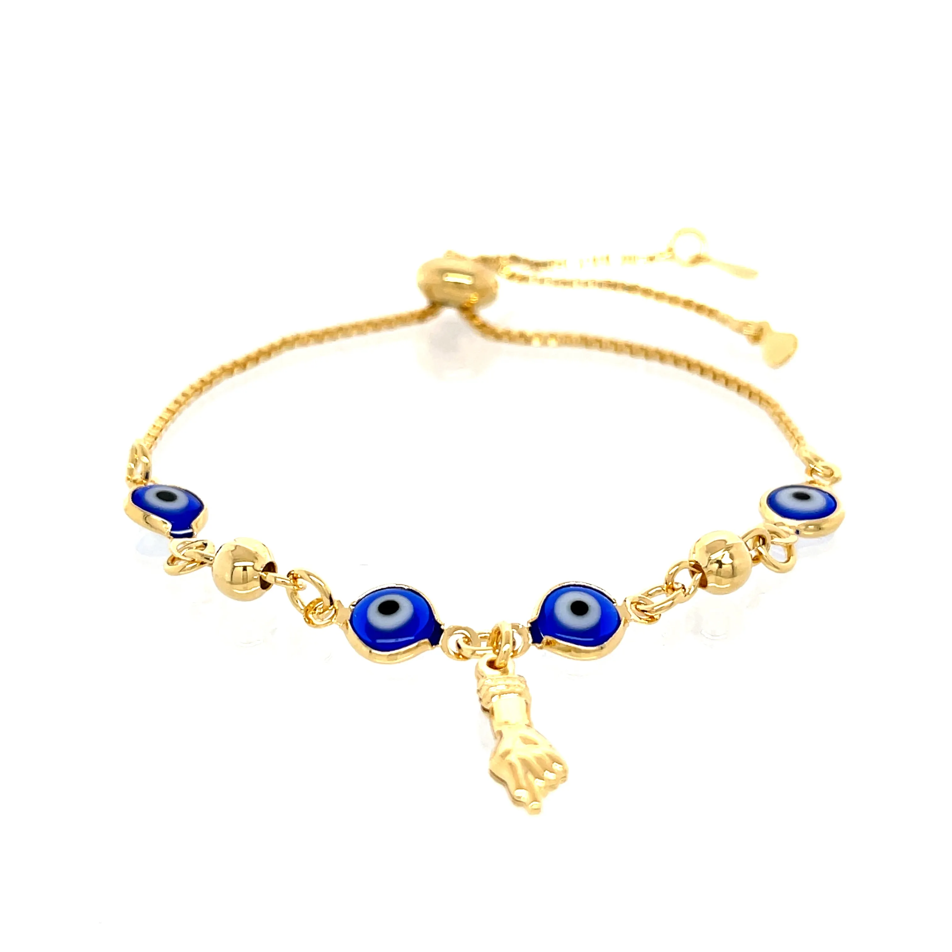 Blue Evil Eye and Figa Hand Charm Bracelet Adjustable Box Chain Link