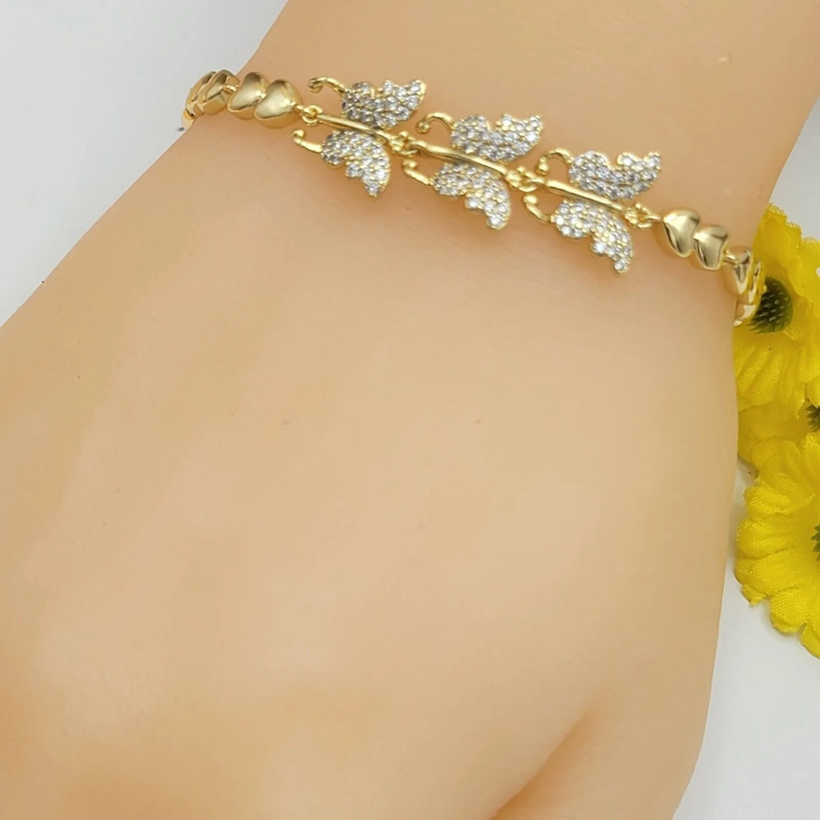 Bracelets - 14K Gold Plated. 3 Butterflies Icy Crystals Bracelet. Hearts chains