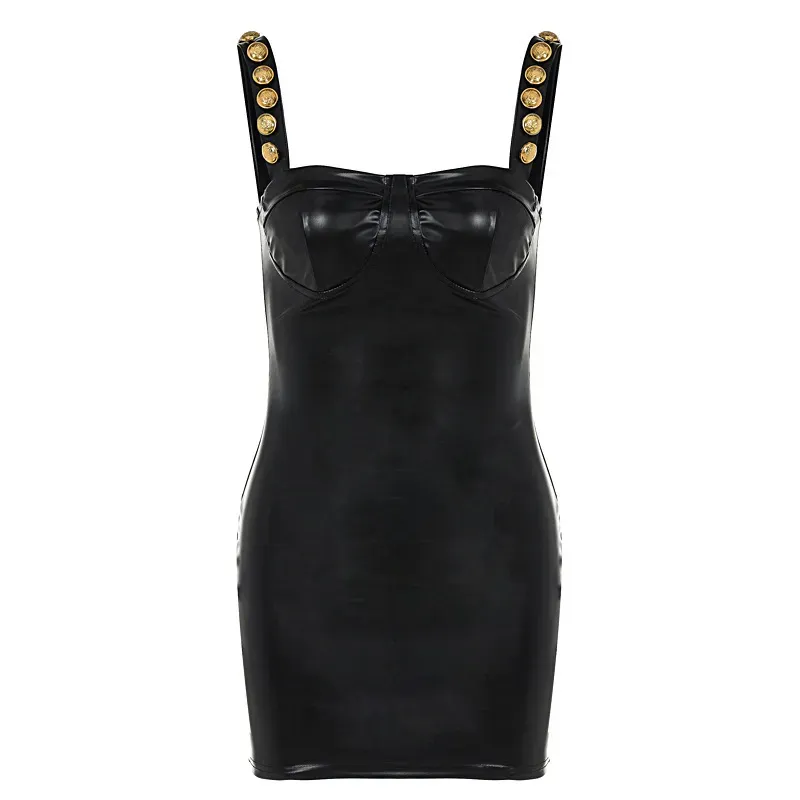 Briana Gold Button Strap Faux Leather Bodycon Mini Dress