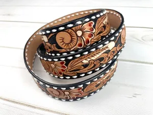 Brown and Black Floral Scroll Tooled Handbag Strap