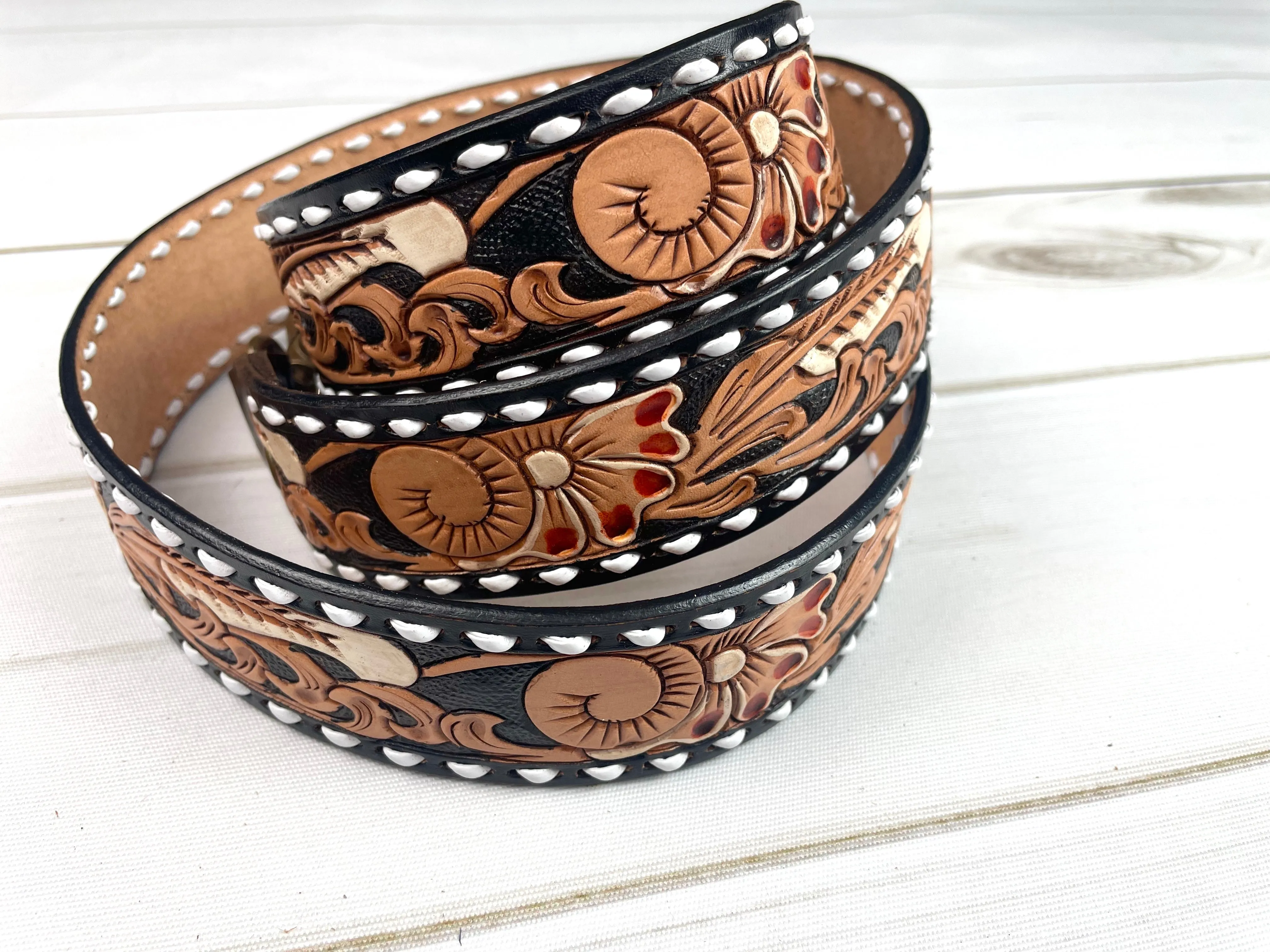 Brown and Black Floral Scroll Tooled Handbag Strap