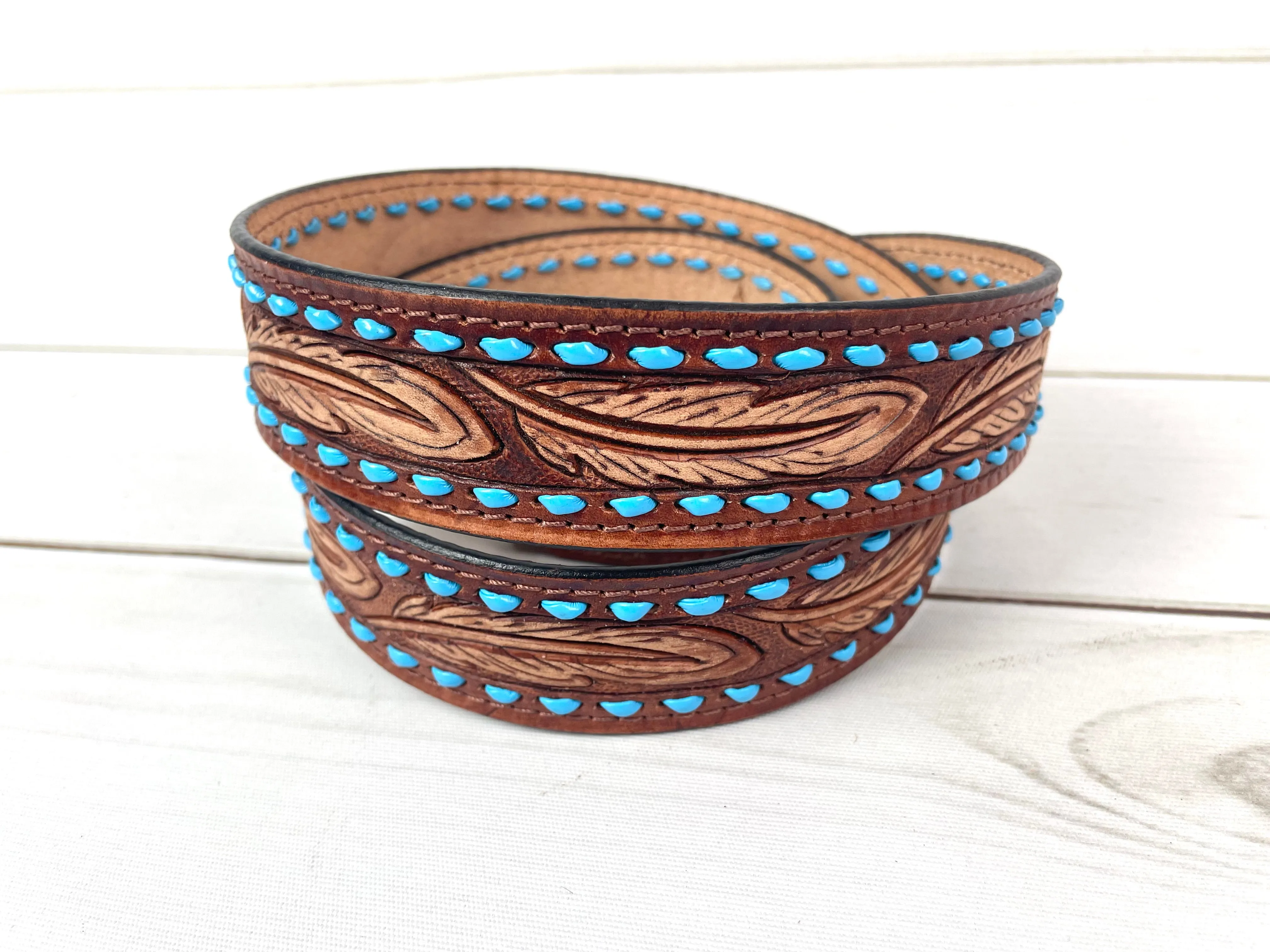 Brown Feather Tooled Leather Handbag Strap with Blue Buckstitch