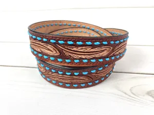 Brown Feather Tooled Leather Handbag Strap with Blue Buckstitch