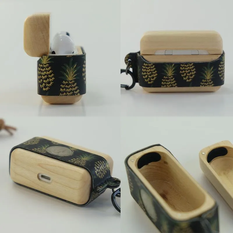 Brown Spotted Wood Leather AirPods Pro Case with Strap Leather 1,2 AirPods Case Airpod Case Cover