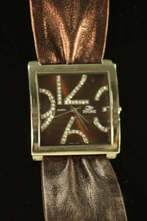 Brown/Brown Clear Rhinestones Leather Band with Buckle Clasp