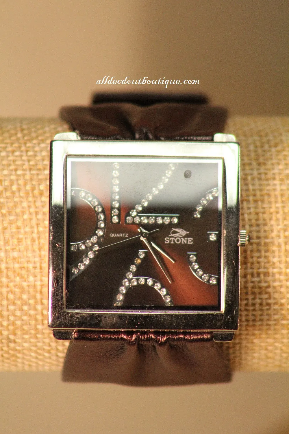 Brown/Brown Clear Rhinestones Leather Band with Buckle Clasp