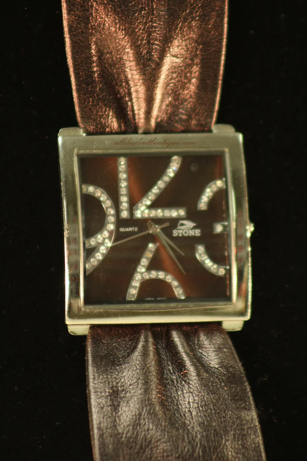 Brown/Brown Clear Rhinestones Leather Band with Buckle Clasp