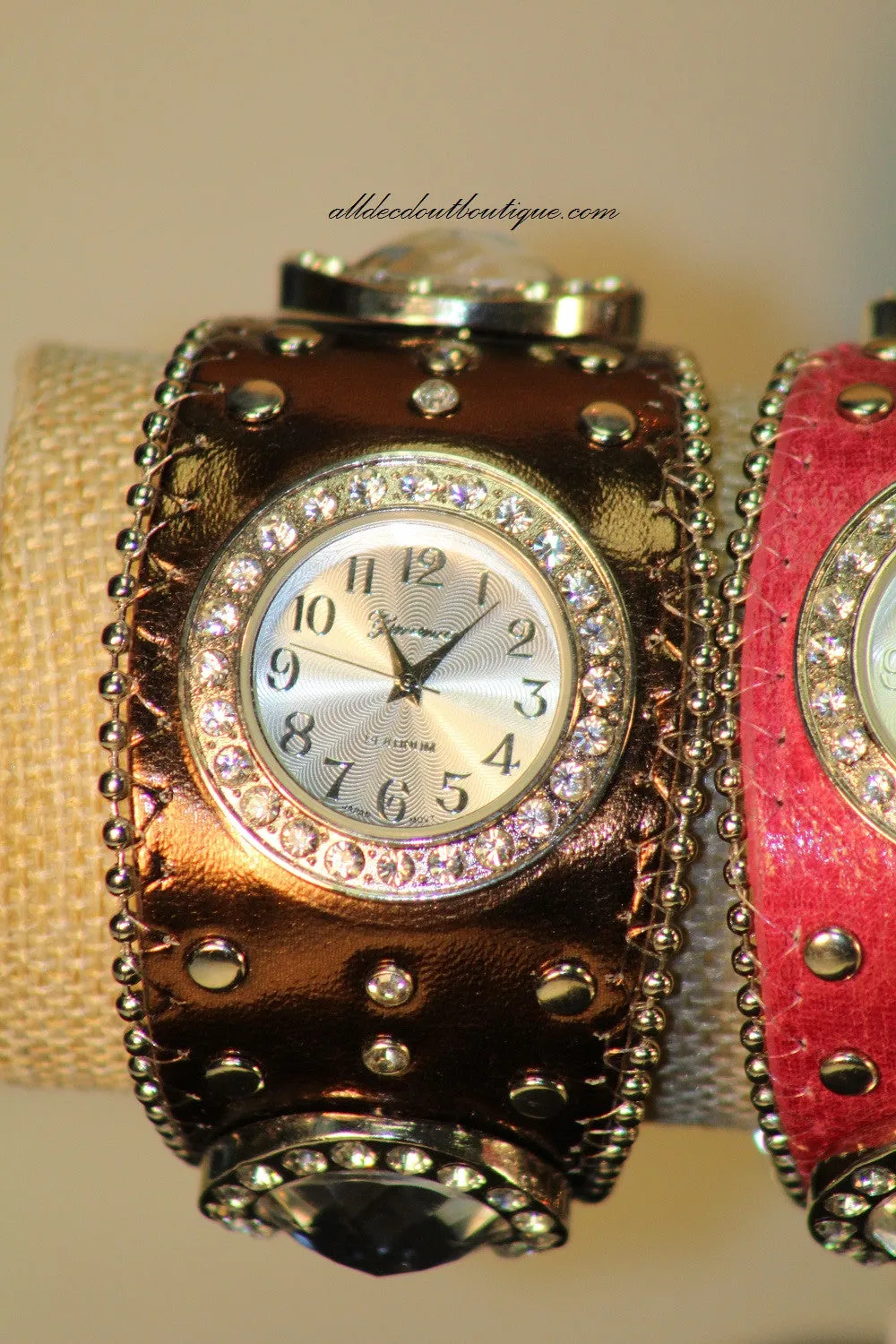 Brown/White Silver Studs & Clear Rhinestones | Leather Band with Buckle Clasp