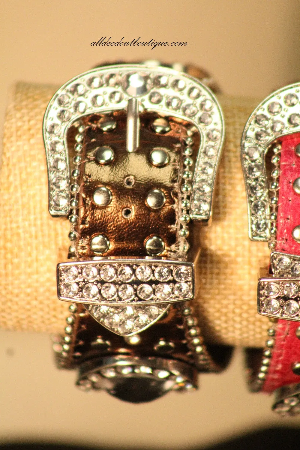 Brown/White Silver Studs & Clear Rhinestones | Leather Band with Buckle Clasp