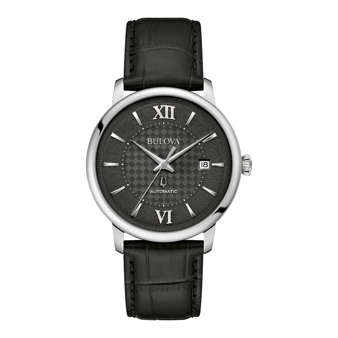 Bulova Hudson Mens Automatic Black Dial Black Leather Strap Watch