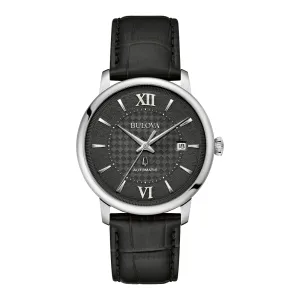Bulova Hudson Mens Automatic Black Dial Black Leather Strap Watch