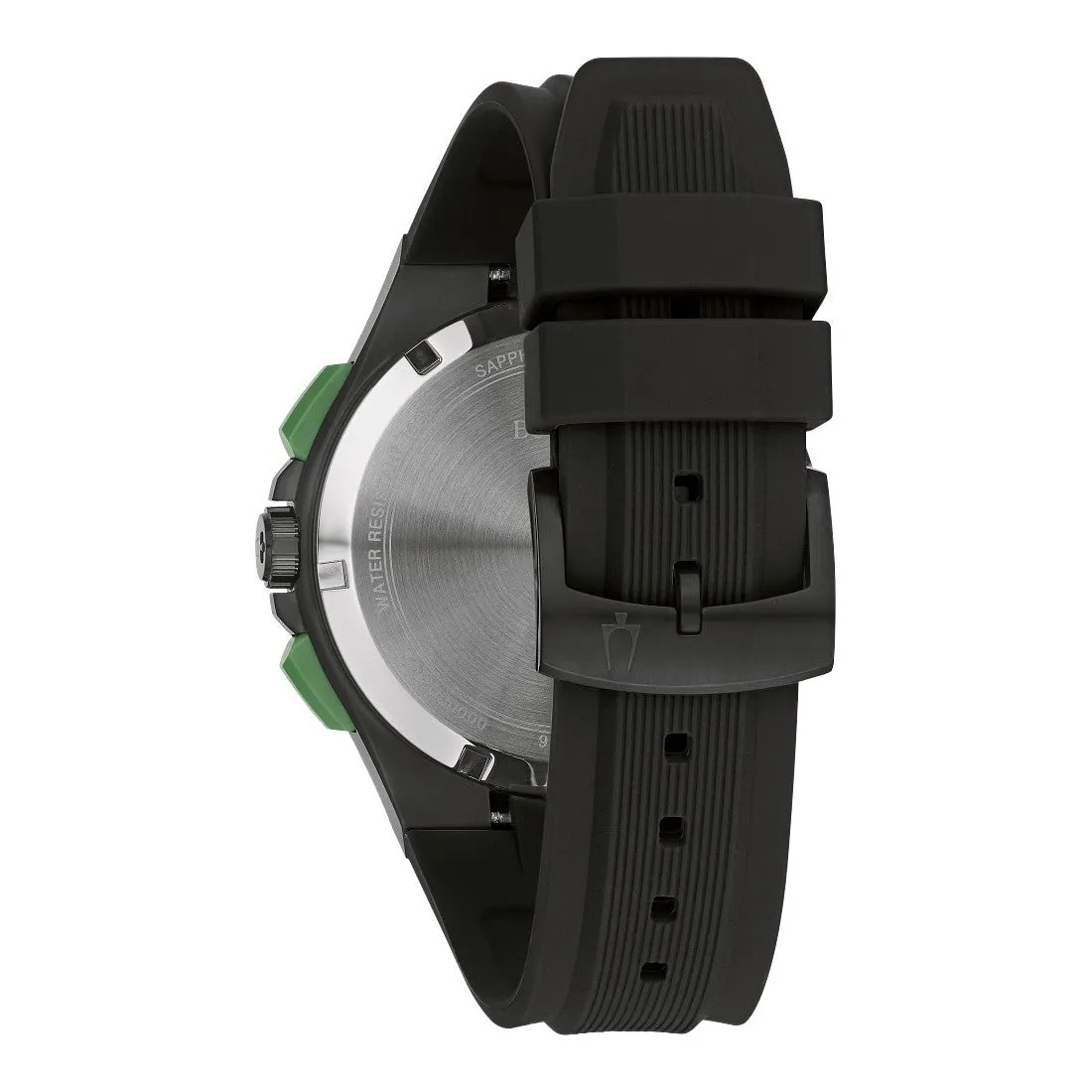 Bulova Maquina Mens Chronograph Black Tone Black Silicone Strap Watch