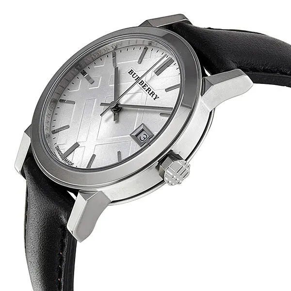 Burberry Silver Dial Black Leather Ladies Watch BU9106