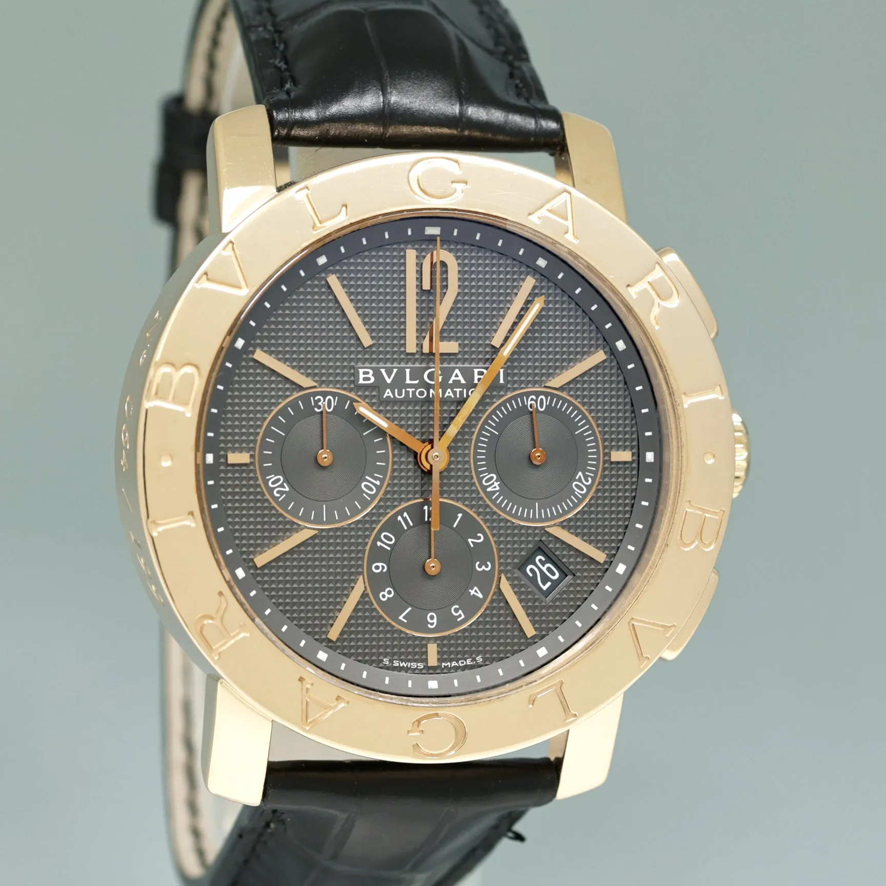 Bvlgari Chronograph Automatic 42mm Grey Dial Mens BBP42GLCH 18k Rose Gold Watch
