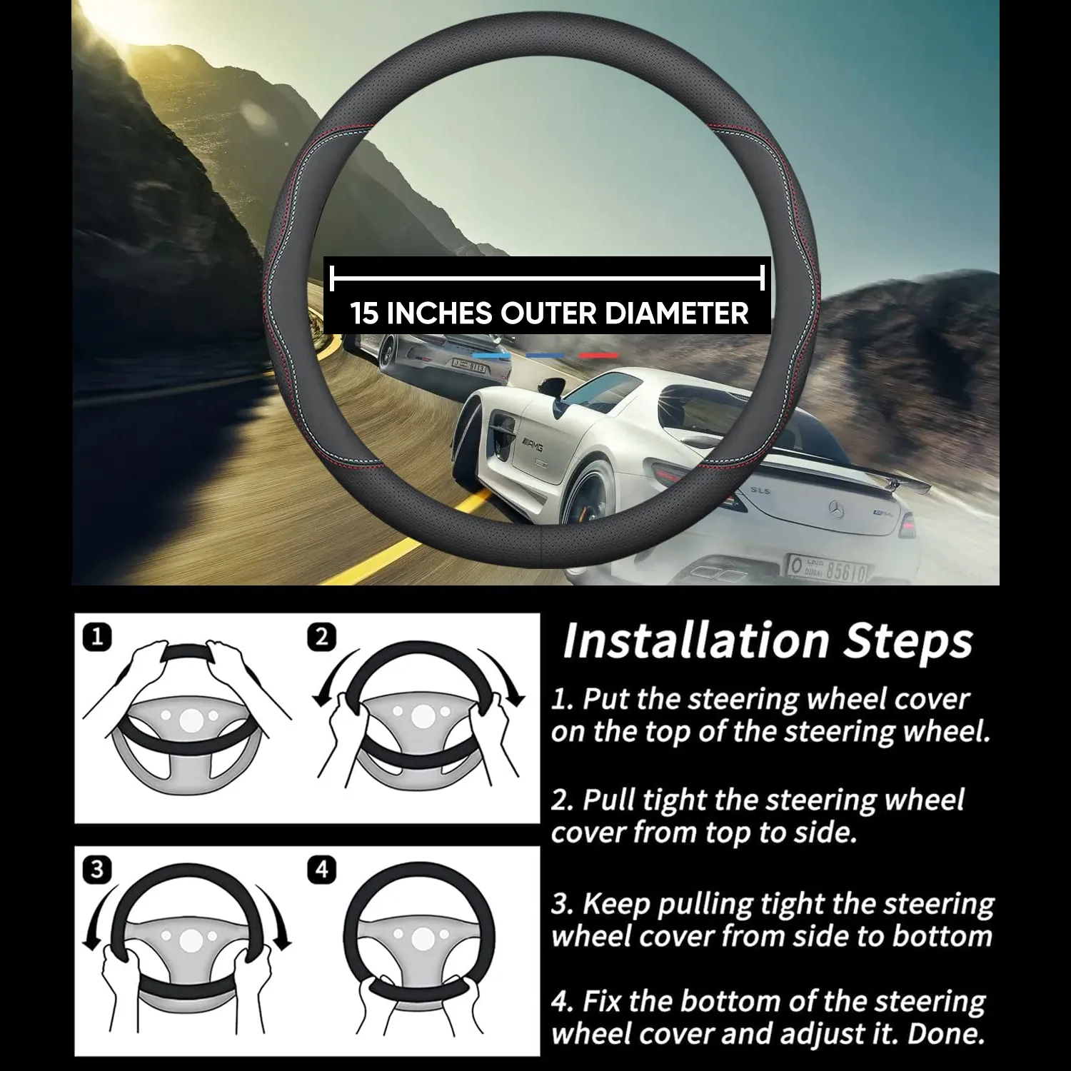 Car Steering Wheel Cover 2024 Update Version, Custom-Fit for Car, Premium Leather Car Steering Wheel Cover with Logo, Car Accessories WAWQ222