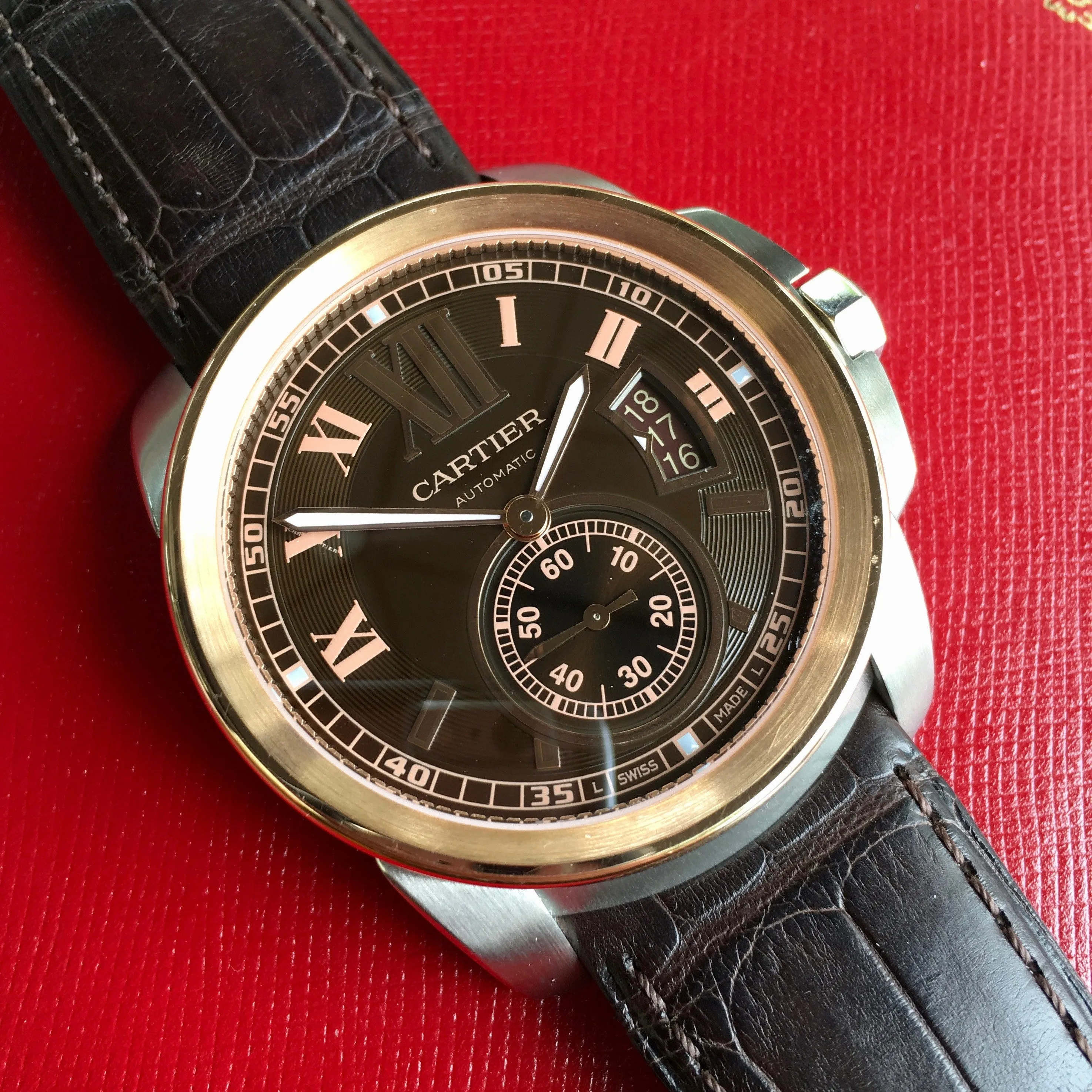 Cartier Calibre de Cartier W7100051 Chocolate Two Tone Steel Gold Wristwatch Box & Papers