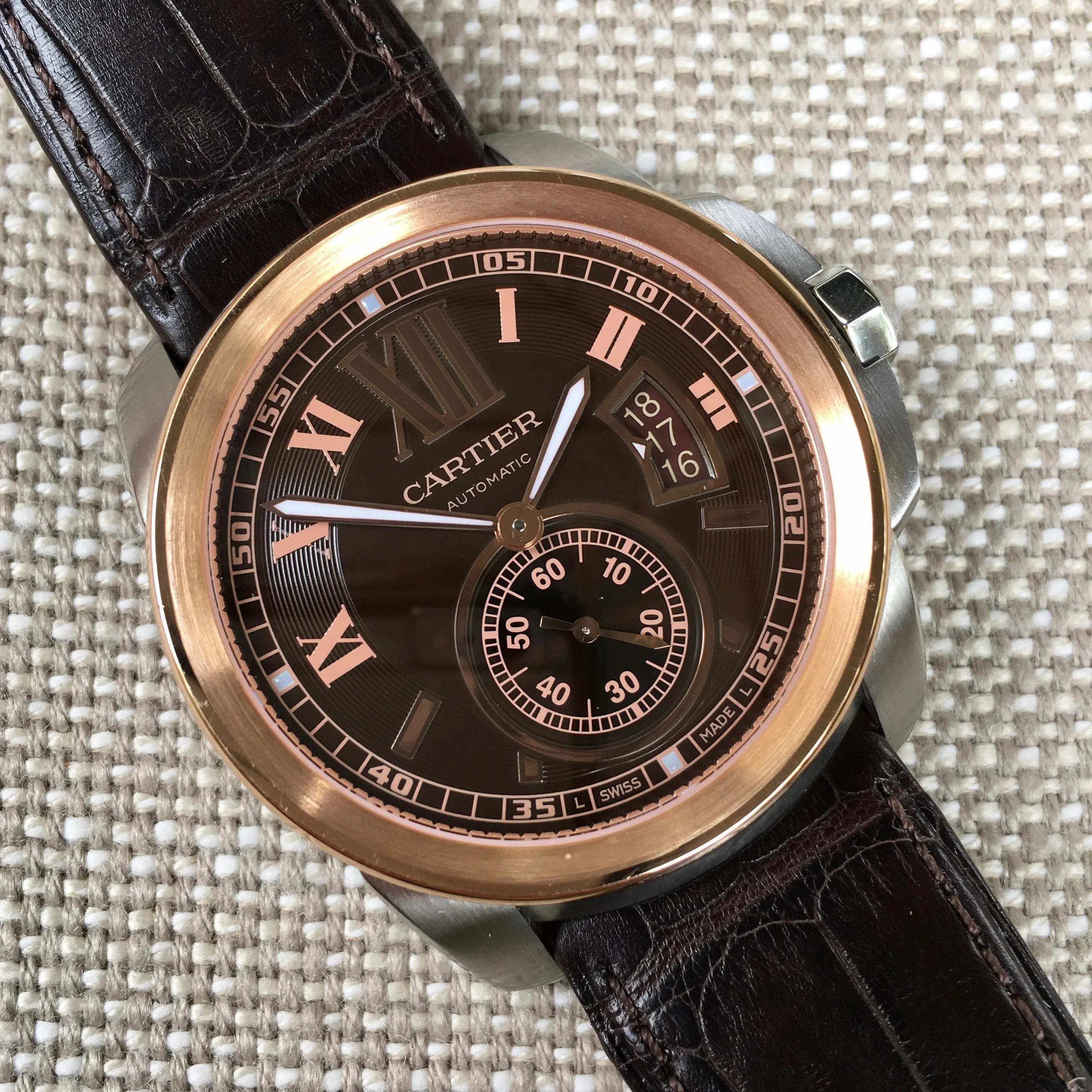 Cartier Calibre de Cartier W7100051 Chocolate Two Tone Steel Gold Wristwatch Box & Papers