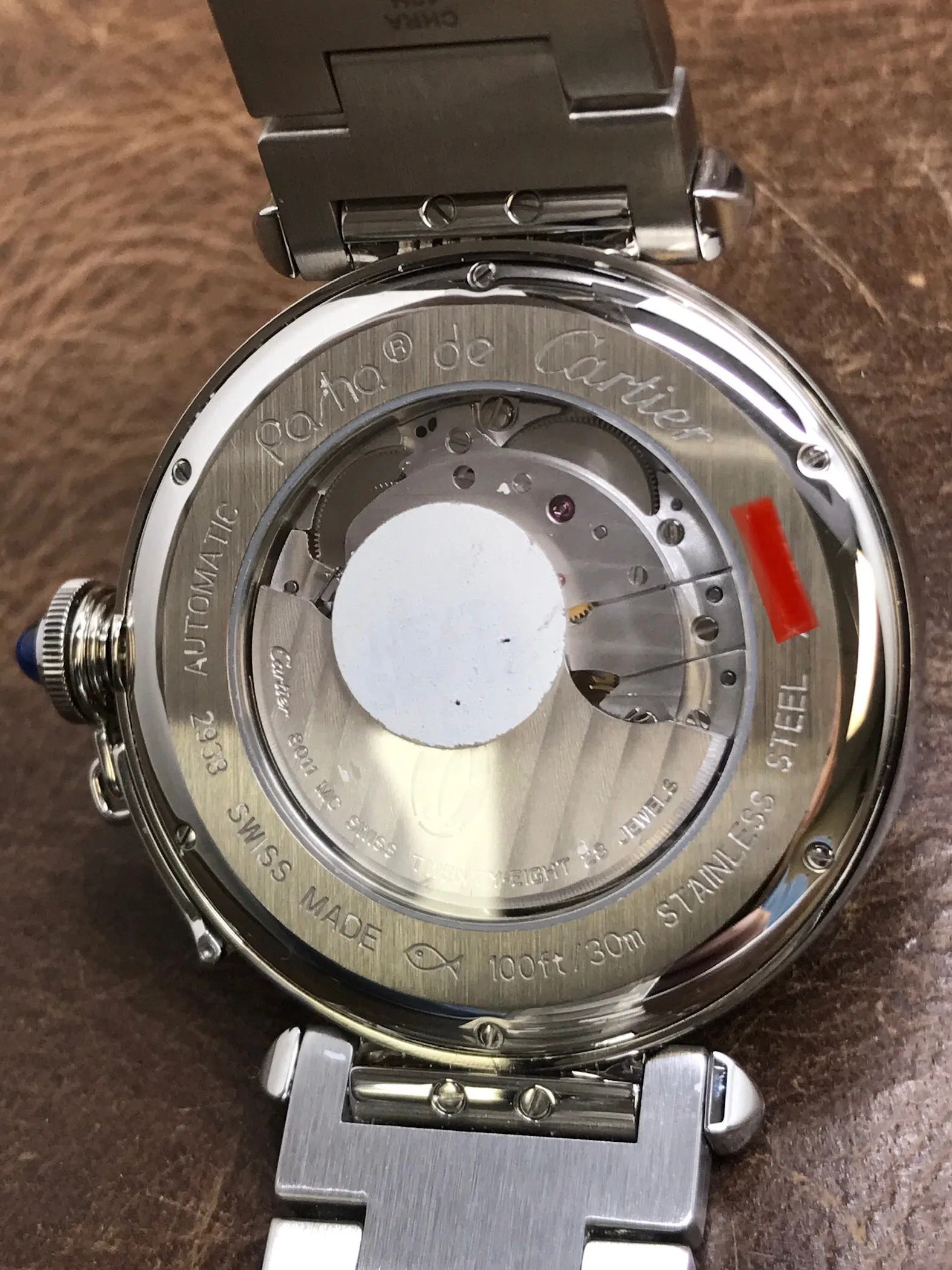 Cartier Pasha Big Date Moonphase GMT 2938 / W31093M7 Silver Opaline with guilloche inner square Dial Automatc Men's Watch