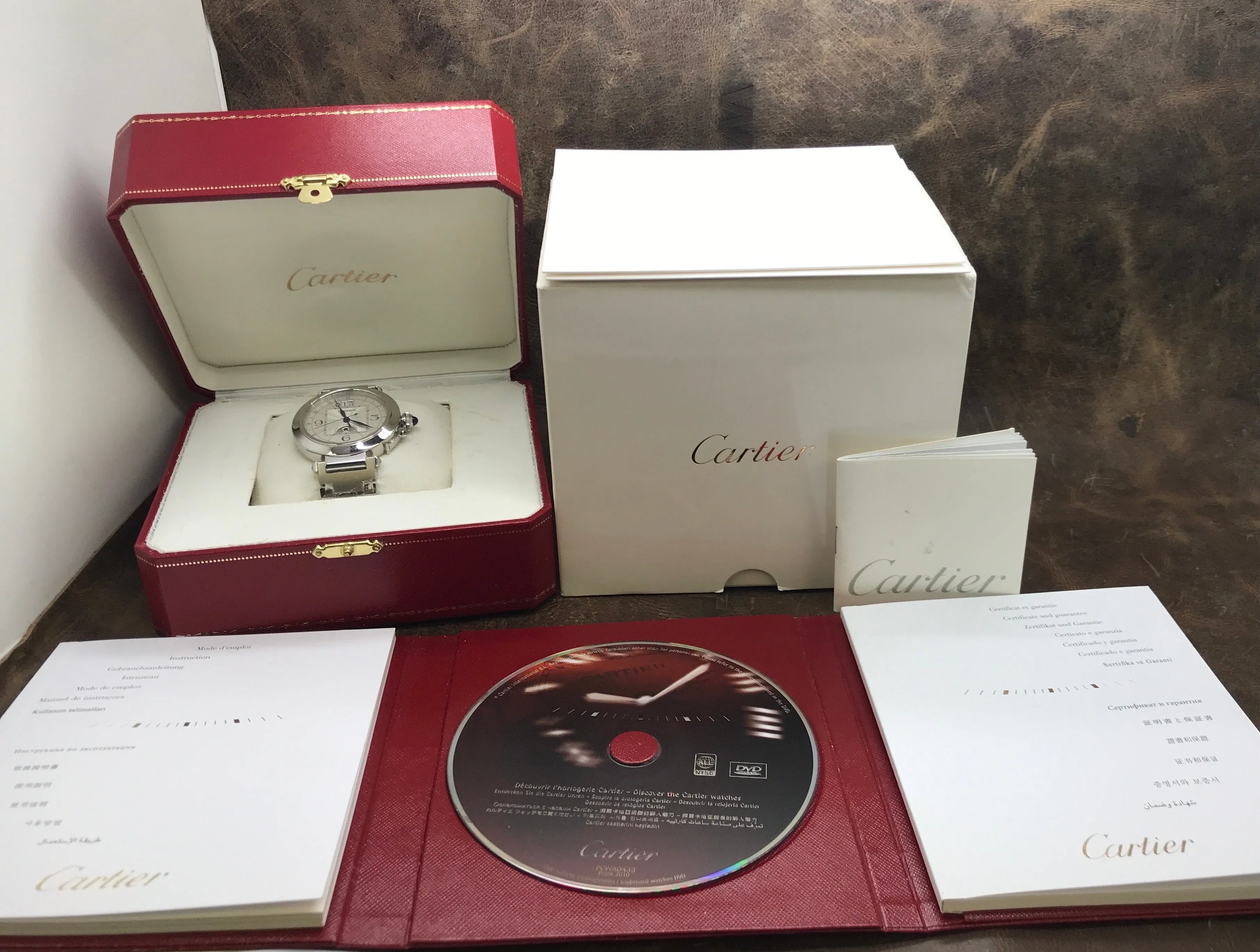 Cartier Pasha Big Date Moonphase GMT 2938 / W31093M7 Silver Opaline with guilloche inner square Dial Automatc Men's Watch