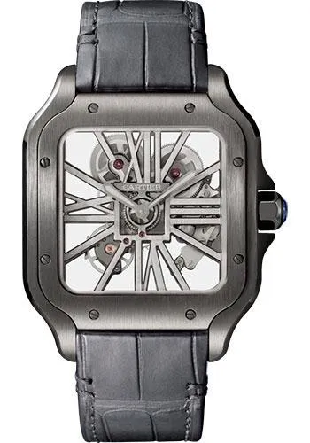 Cartier Santos de Cartier Watch - 39.8 mm Black Steel Case - Skeleton Dial - Black Black Alligator Strap - Both Bracelet - WHSA0009