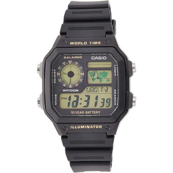 Casio Illuminator Black Leather Strap Green Dial Quartz Watch for Gents - AE-1200WHB-1BVDF