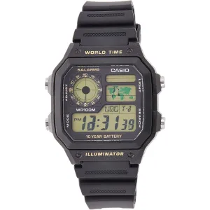 Casio Illuminator Black Leather Strap Green Dial Quartz Watch for Gents - AE-1200WHB-1BVDF