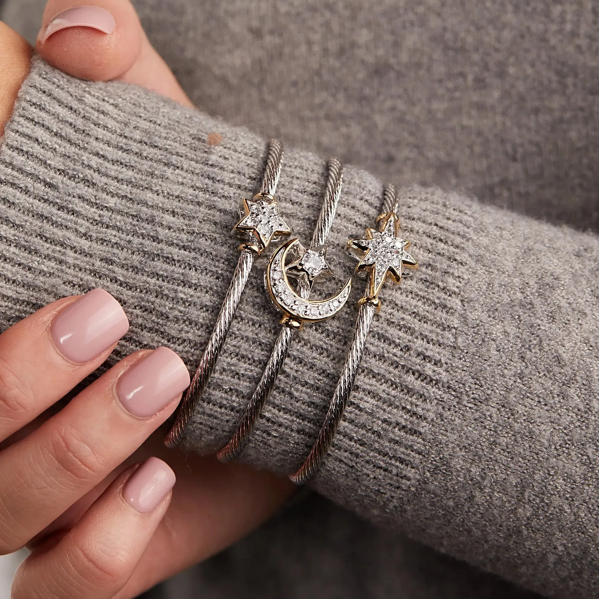 Celebration Petite Pavé - Half Moon and Star Wire Cuff Bracelet