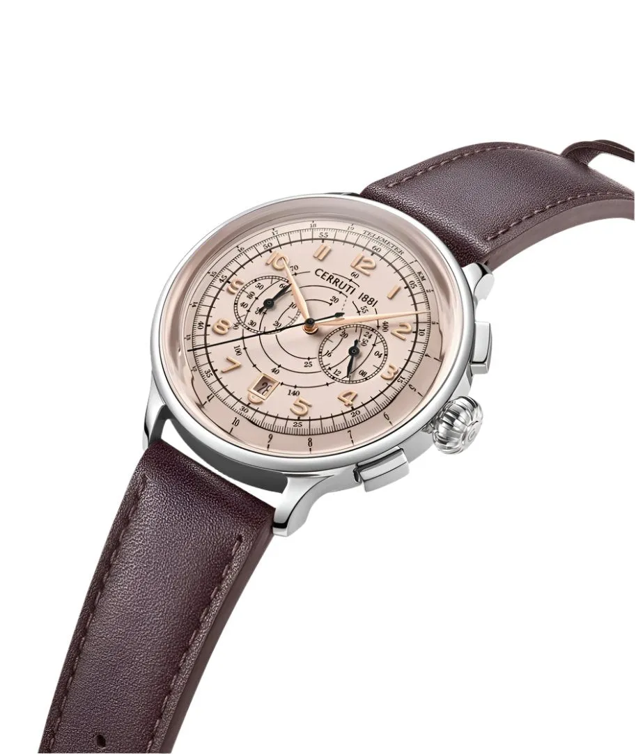 Cerruti 1881 Dervio Gents White Rose Gold Dial Brown Leather Strap Watch