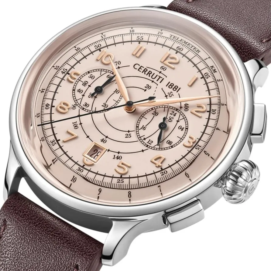 Cerruti 1881 Dervio Gents White Rose Gold Dial Brown Leather Strap Watch