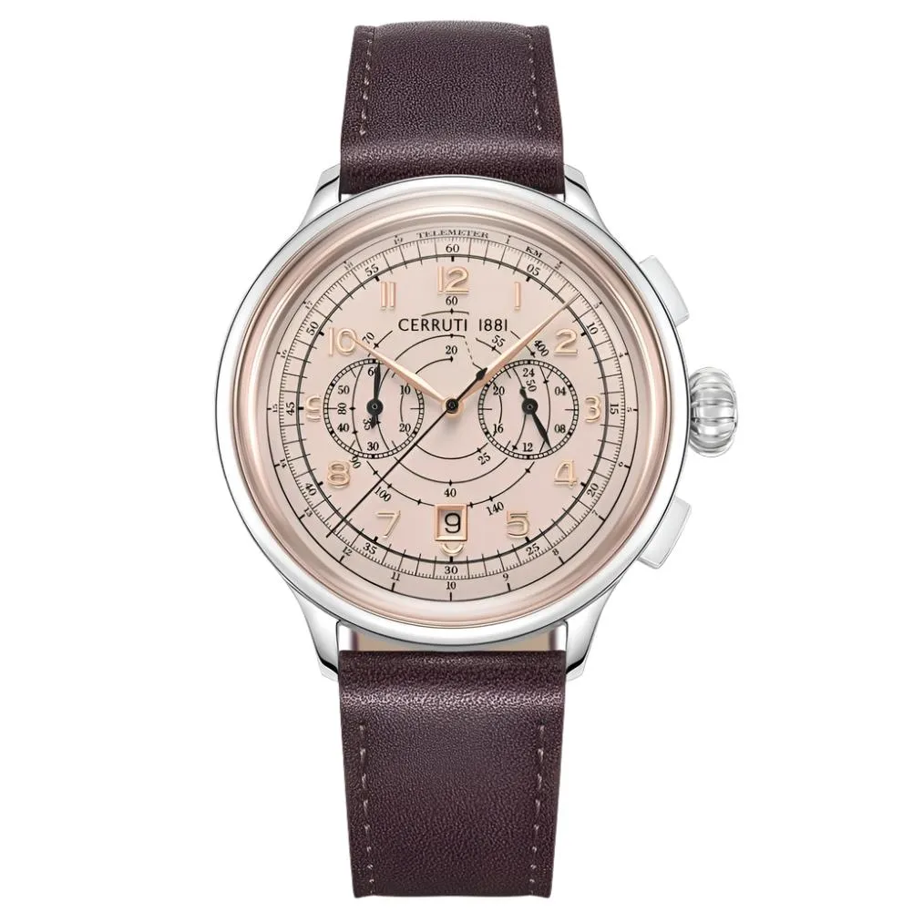 Cerruti 1881 Dervio Gents White Rose Gold Dial Brown Leather Strap Watch
