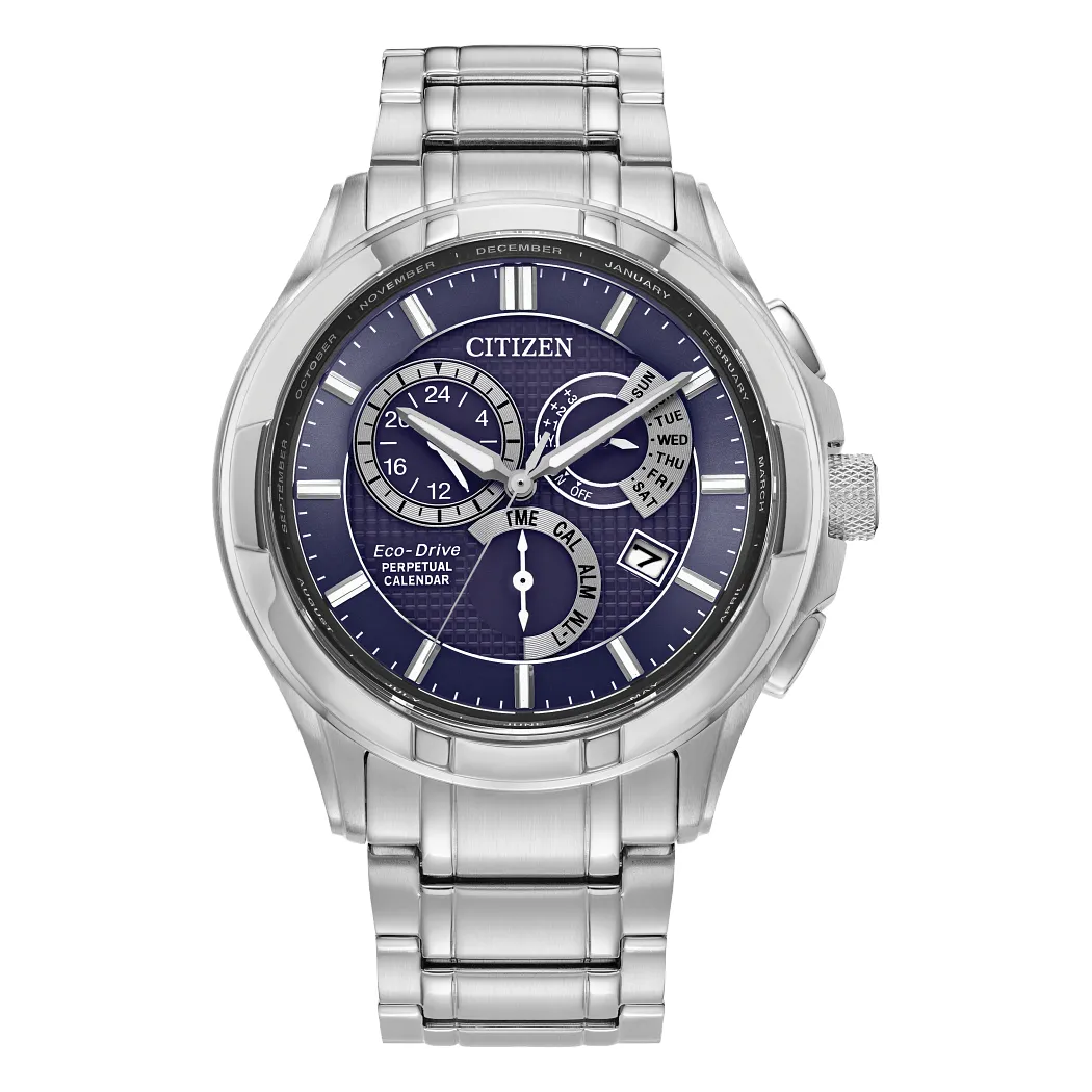 Citizen Calibre 8700 Mens Perpetual Calendar Eco Drive Stainless Steel Blue Dial Watch