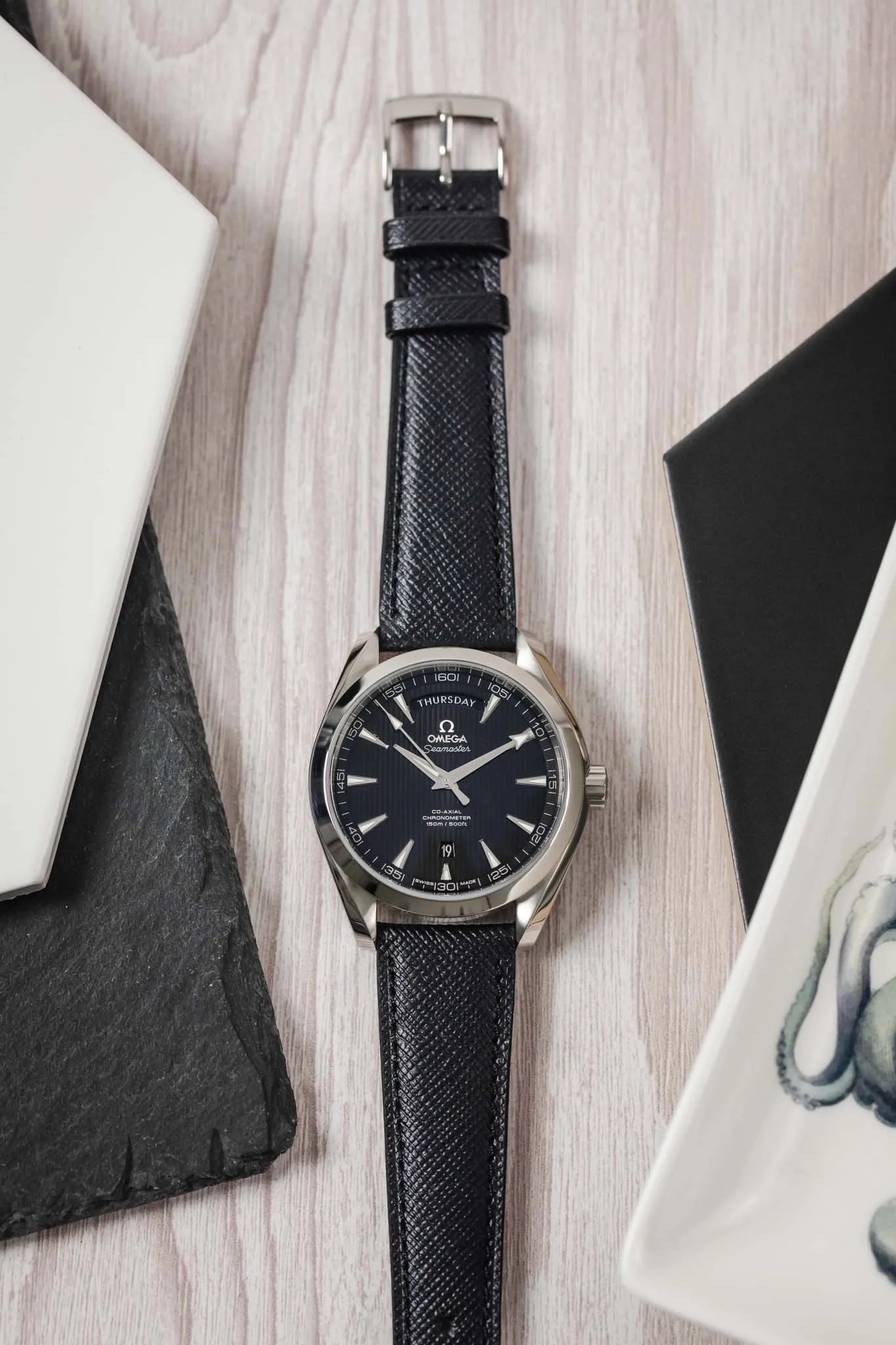 Classic Saffiano Leather Watch Strap in Black