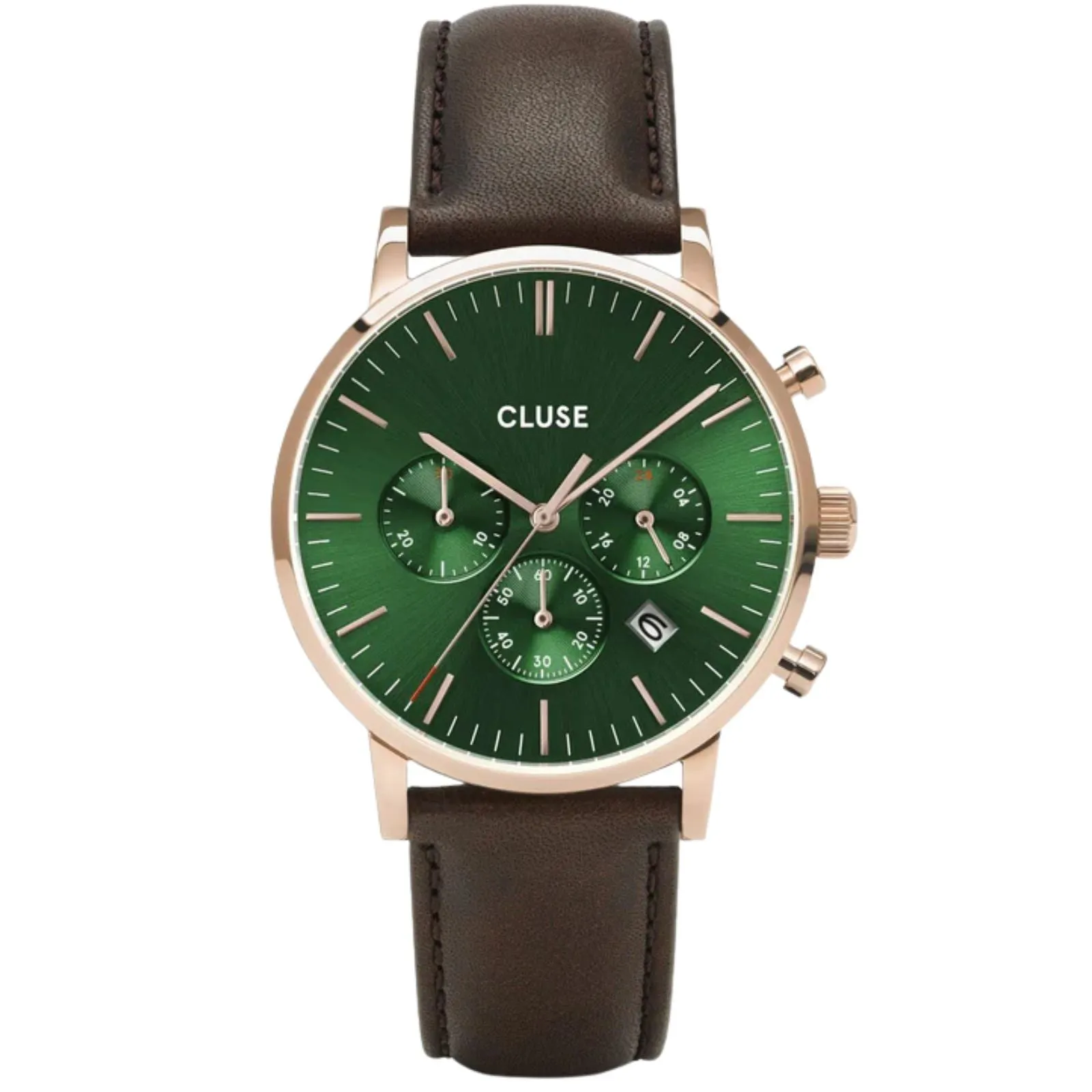 Cluse Aravis Chrono Rose Gold/Brown Leather Watch - Green