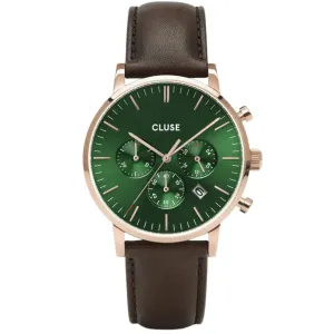 Cluse Aravis Chrono Rose Gold/Brown Leather Watch - Green