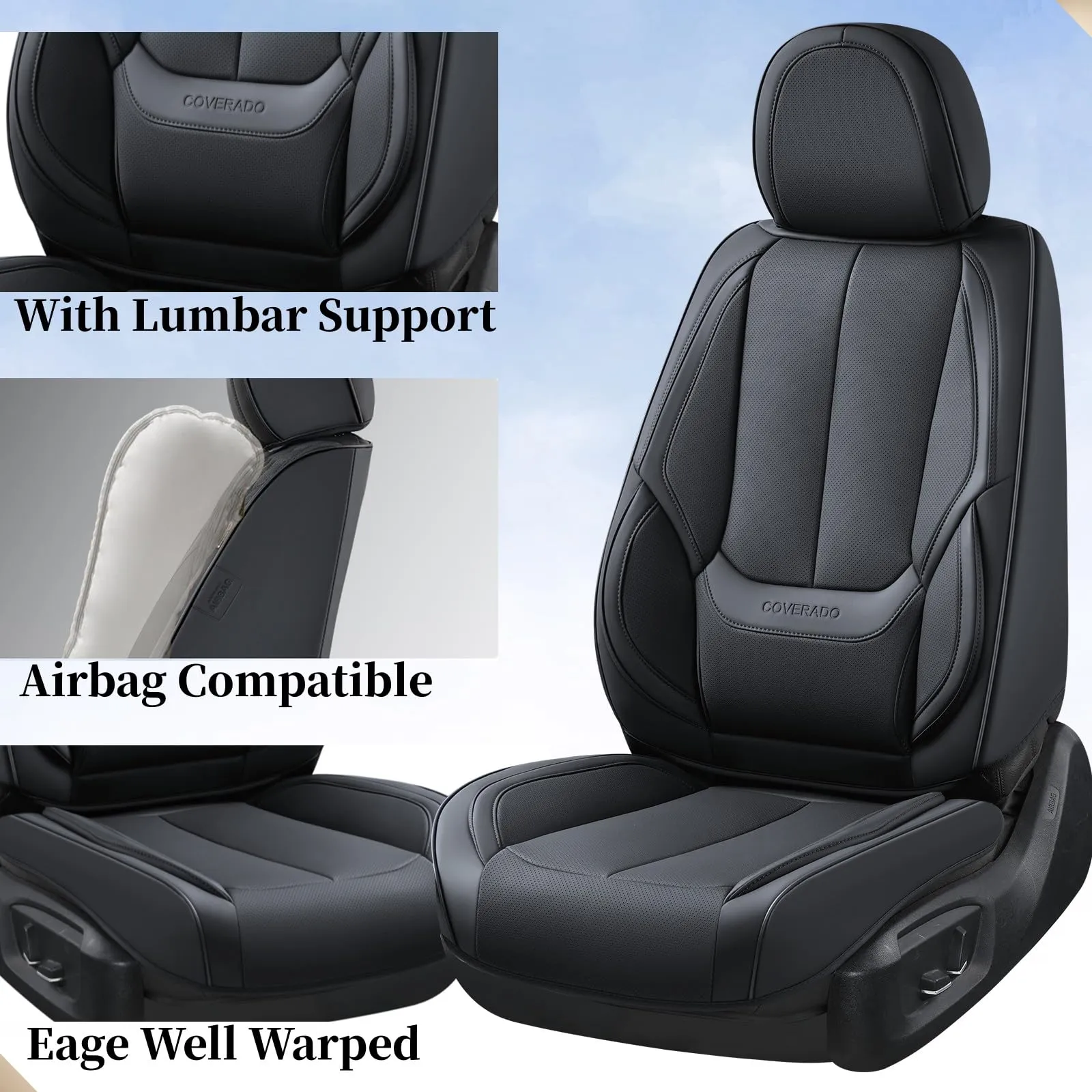 Coverado Nappa Leather Car Seat Covers Full Set, Waterproof  Car Seat Cover, Fit for Most Cars - Black