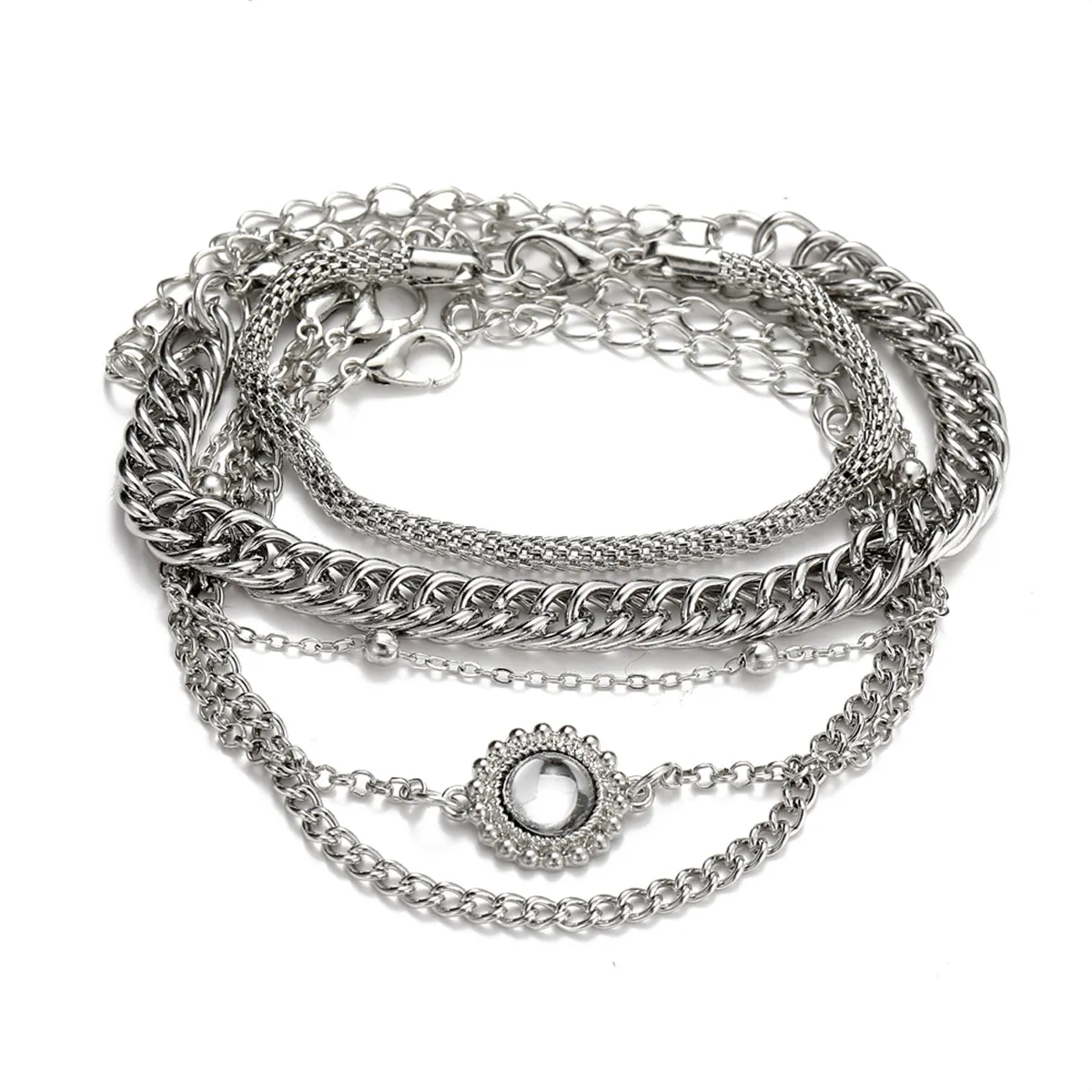 Crystal & Silver-Plated Flower Charm Bracelet Set