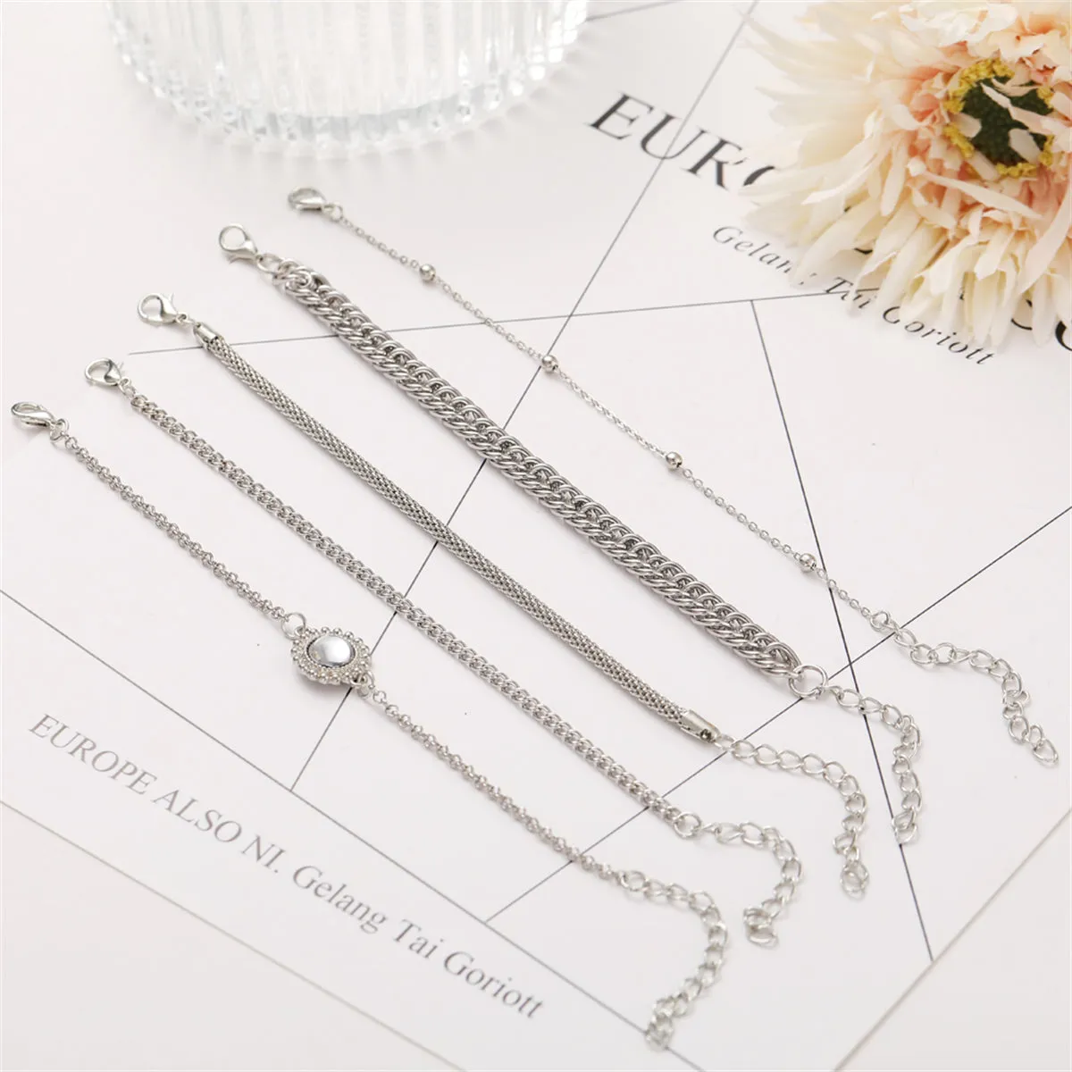 Crystal & Silver-Plated Flower Charm Bracelet Set