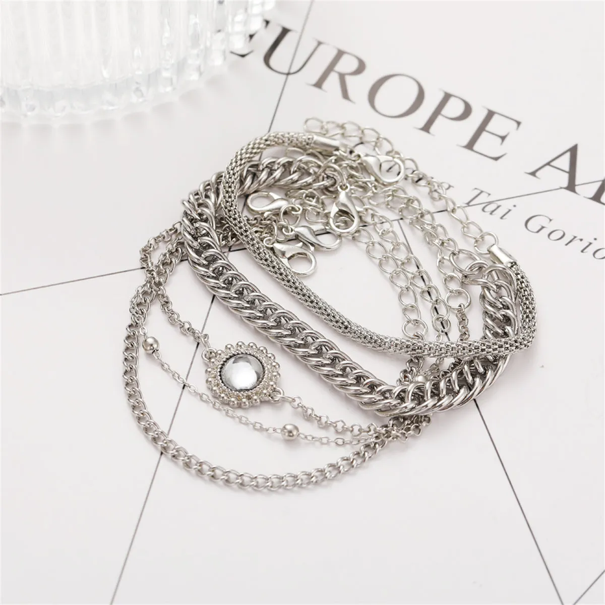 Crystal & Silver-Plated Flower Charm Bracelet Set