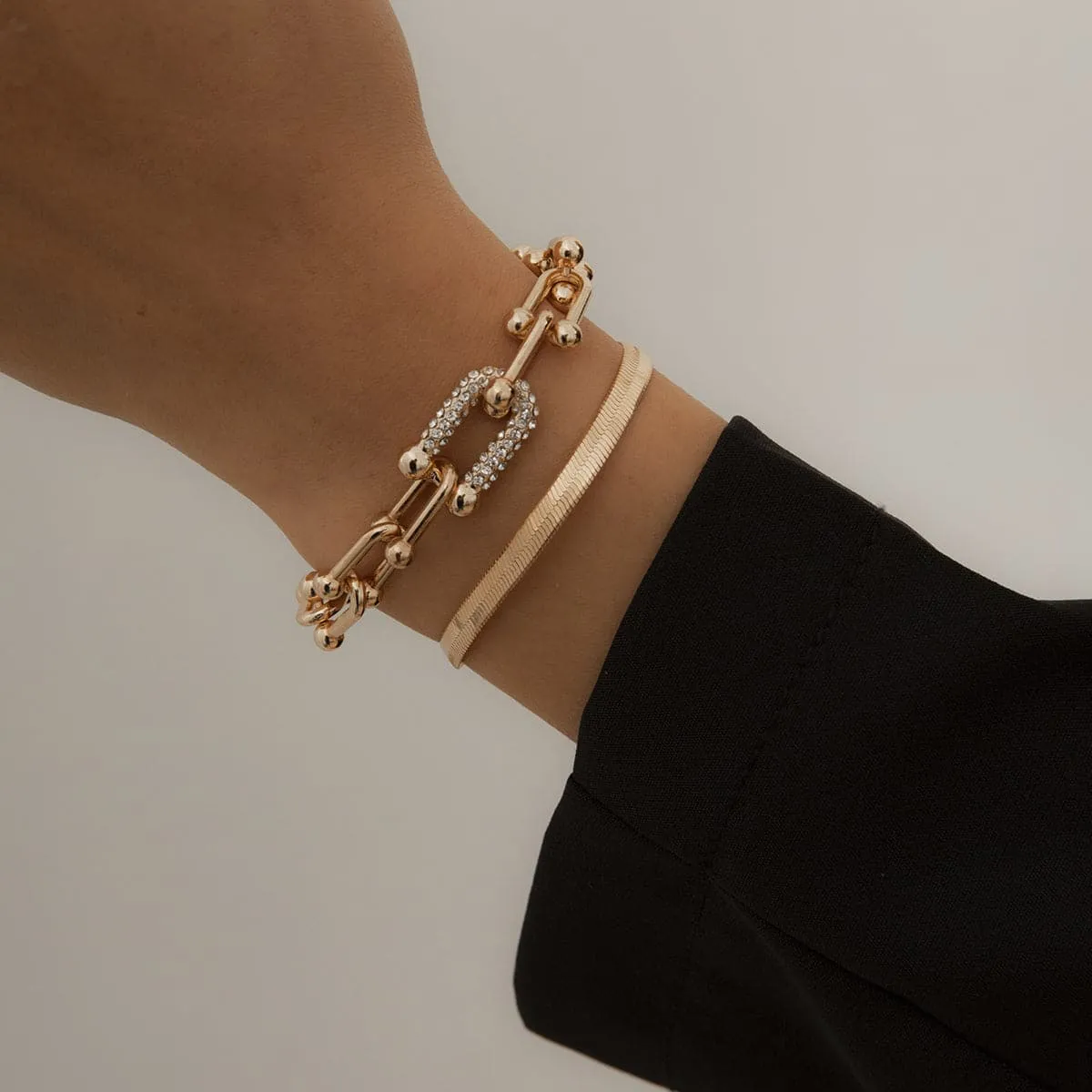 Cubic Zirconia & 18K Gold-Plated Vachette & Snake Chain Bracelet Set