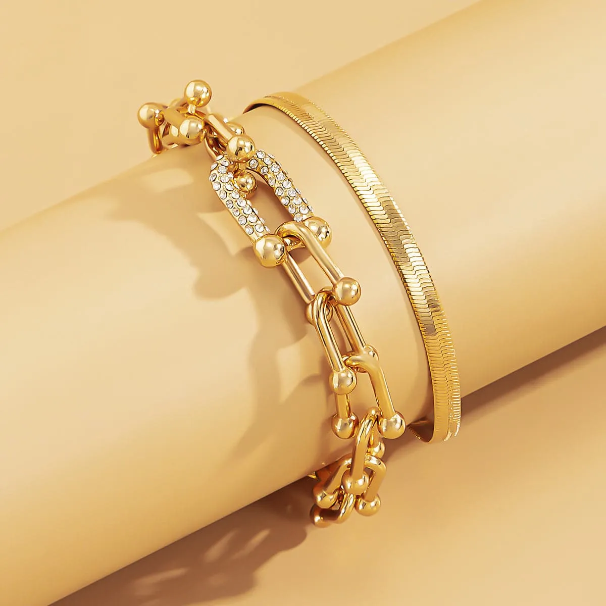 Cubic Zirconia & 18K Gold-Plated Vachette & Snake Chain Bracelet Set