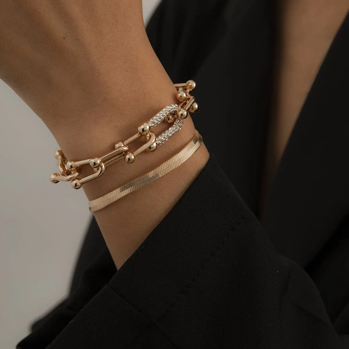 Cubic Zirconia & 18K Gold-Plated Vachette & Snake Chain Bracelet Set