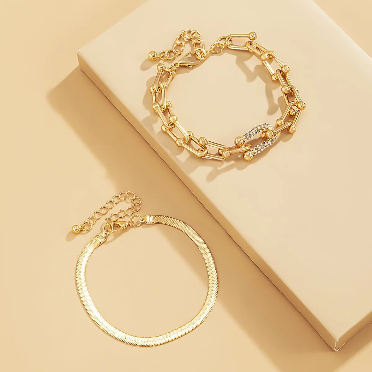 Cubic Zirconia & 18K Gold-Plated Vachette & Snake Chain Bracelet Set