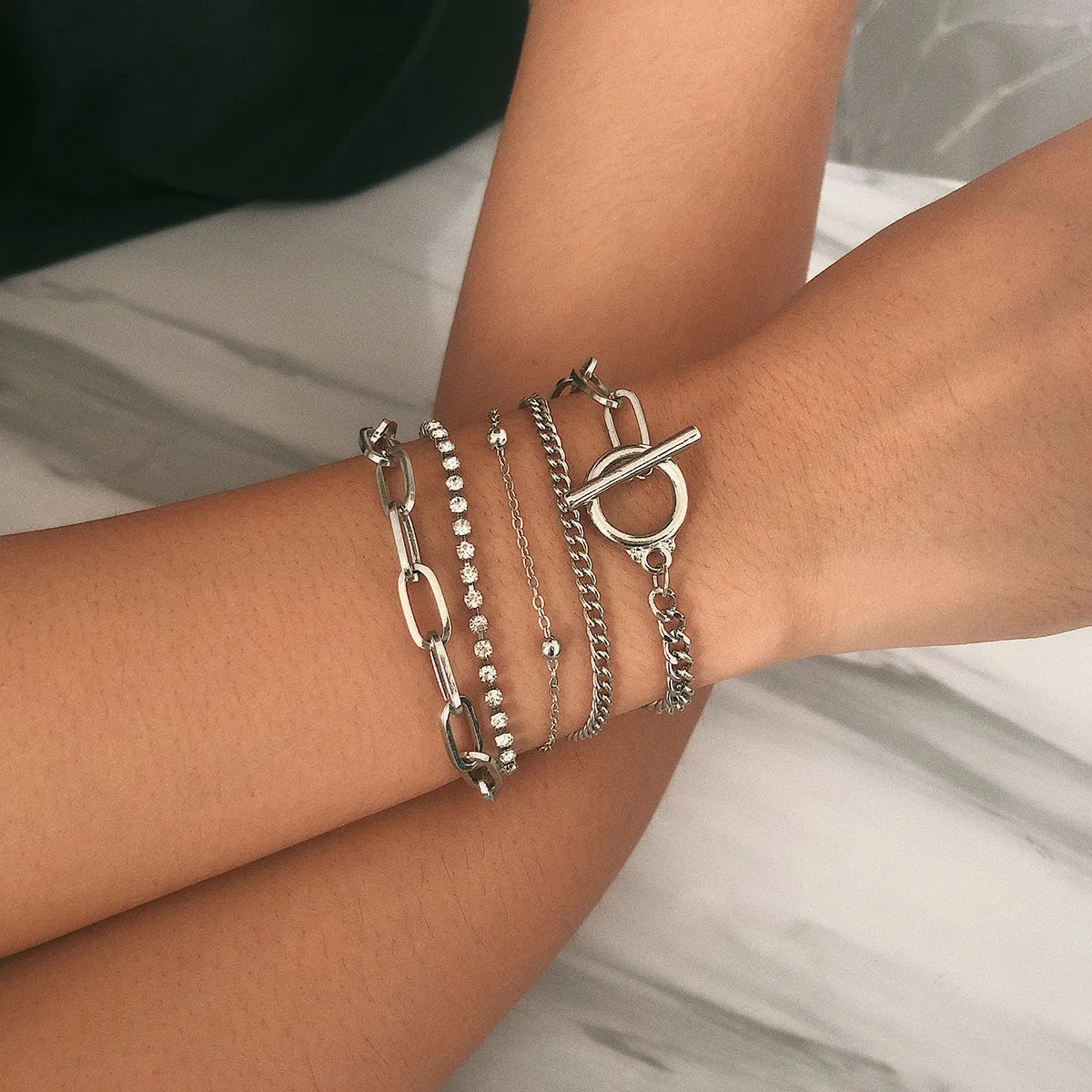 Cubic Zirconia & Silver-Plated Curb Chain Bracelet Set