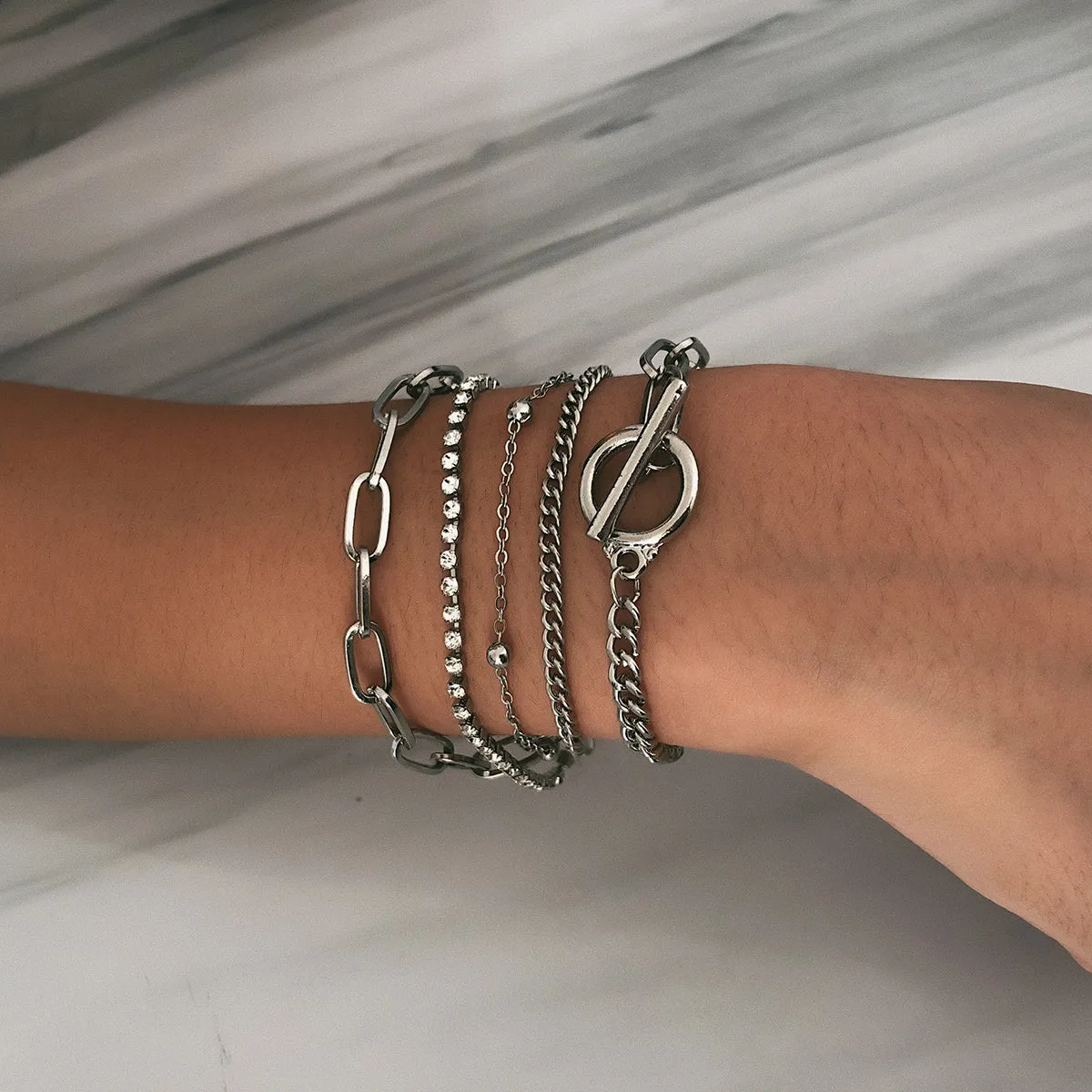 Cubic Zirconia & Silver-Plated Curb Chain Bracelet Set