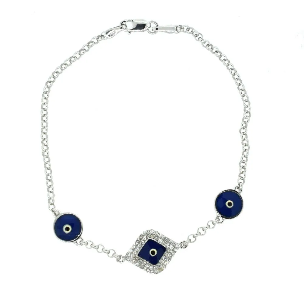 Cubic Zirconia and Enamel 'Evil Eye" Bracelet in Silver