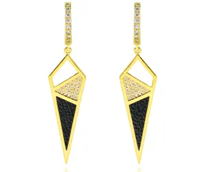 Dagger Leather Inlay Crystal Gold Earrings