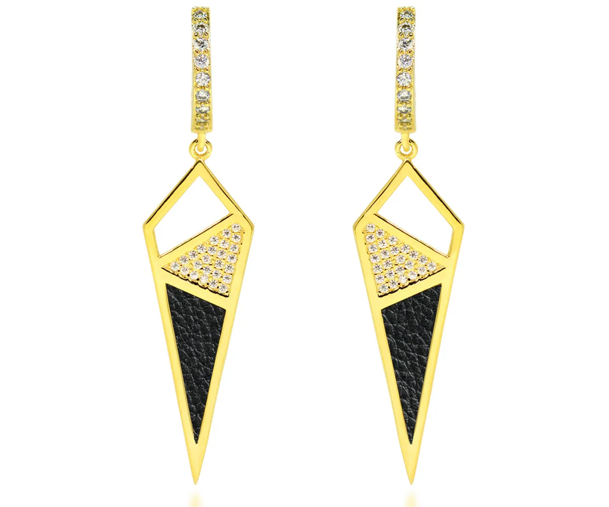 Dagger Leather Inlay Crystal Gold Earrings